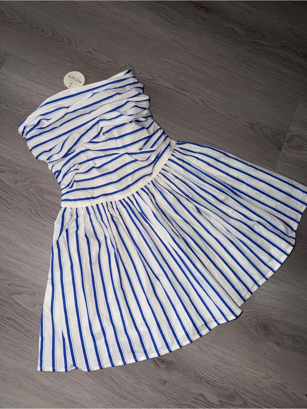 Strapless White Dress with Blue Stripes - Casual Summer Dress
